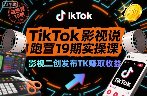 TikTok影视解说陪跑营19期实操课,影视二创发布TK賺取收益,万播收益50美金-蓝海云网创
