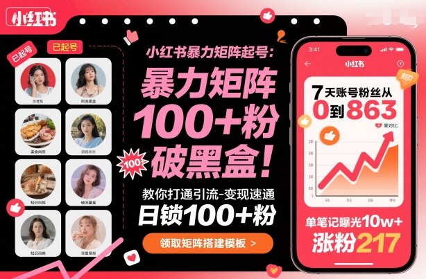 小红书暴力矩阵起号，教你打通引流-变现速通，日锁100+粉，破流量黑盒-蓝海云网创