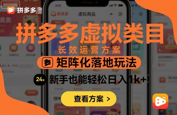 拼多多虚拟类目长效运营方案：矩阵化落地玩法，新手也能轻松日入1k+-蓝海云网创