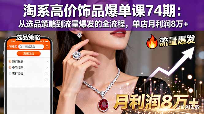 淘系高价饰品爆单课74期：从选品策略到流量爆发的全流程，单店月利润8万+-蓝海云网创