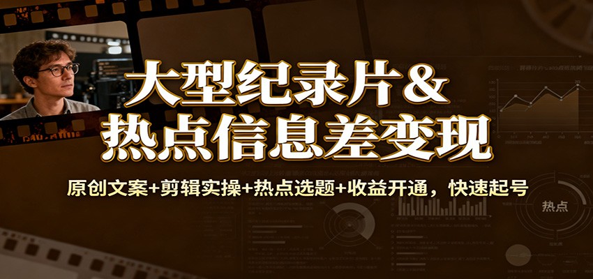 大型纪录片&热点信息差变现：原创文案+剪辑实操+热点选题+收益开通，快速起号-蓝海云网创