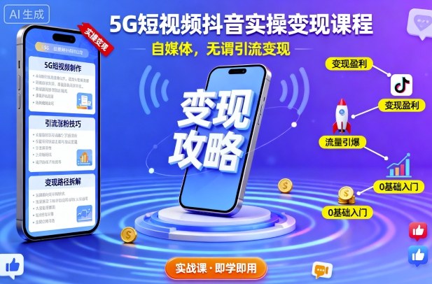 5G短视频抖音实操变现课程，自媒体，无谓引流变现-蓝海云网创