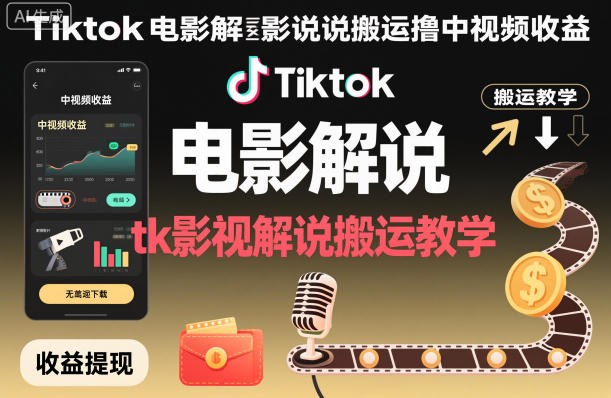 Tiktok电影解说搬运撸中视频收益，tk影视解说搬运教学-蓝海云网创
