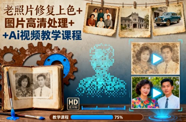 老照片修复上色+图片高清处理+Ai视频教学课程-蓝海云网创