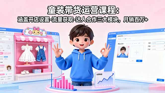 童装带货运营课程：涵盖开店设置-流量获取-达人合作三大模块，月销百万+-蓝海云网创