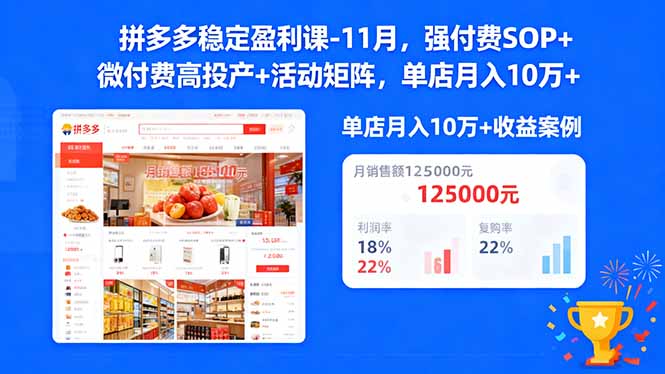 拼多多稳定盈利课-11月，强付费SOP+微付费高投产+活动矩阵，单店月入10万+-蓝海云网创
