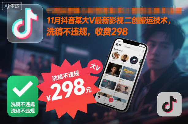 11月抖音某大V最新影视二创搬运技术,洗稿不违规,收费298-蓝海云网创