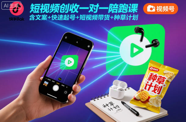 短视频创收一对一陪跑课,含文案+快速起号+短视频带货+种草计划-蓝海云网创