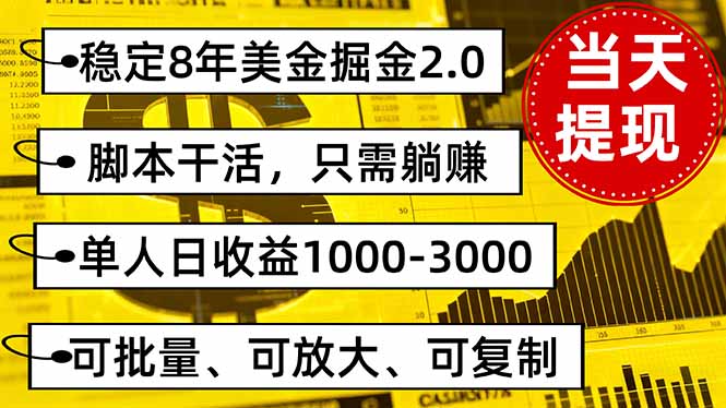 稳定8年美金掘金2.0脚本干活,只需躺赚。单人日收益1000-3000可批量、…-蓝海云网创