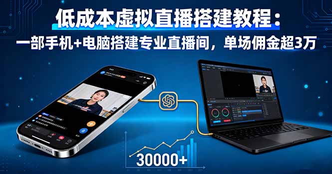 低成本虚拟直播搭建教程：一部手机+电脑搭建专业直播间，单场佣金超3万-蓝海云网创