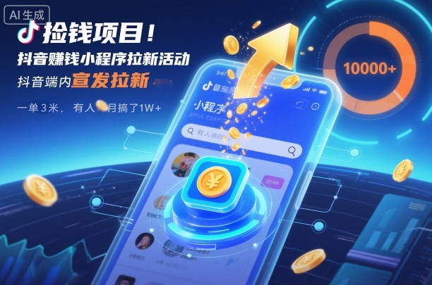 捡钱项目！抖音賺钱小程序拉新活动，抖音端内宣发拉新，一单3米，有人半个月搞了1W+-蓝海云网创
