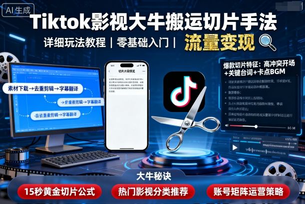 Tiktok影视大牛搬运切片手法,详细玩法教程-蓝海云网创
