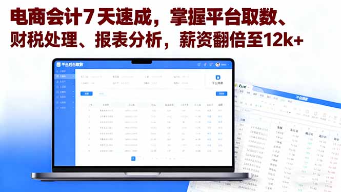 电商会计7天速成，掌握平台取数、财税处理、报表分析，薪资翻倍至12k+-蓝海云网创