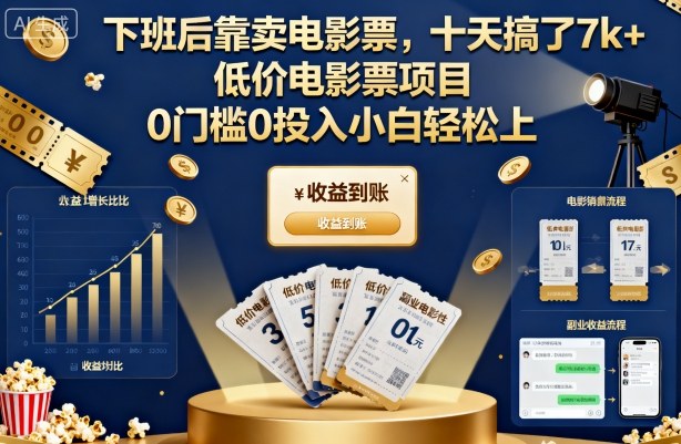 下班后靠卖电影票，十天搞了7k+，低价电影票项目，0门槛0投入小白轻松上手【揭秘】-蓝海云网创
