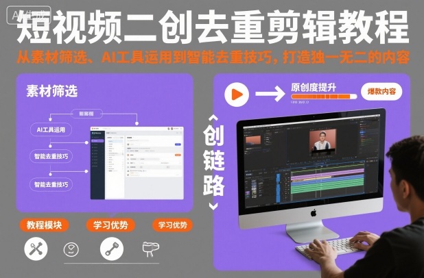 短视频二创去重剪辑教程，从素材筛选、AI工具运用到智能去重技巧，打造独一无二的内容-蓝海云网创