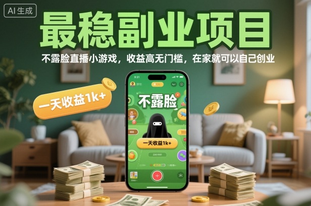 最稳副业项目，不露脸直播小游戏，收益高无门槛，一天收益1k+，在家就可以自己创业【揭秘】-蓝海云网创