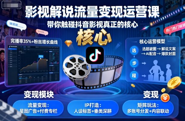 影视解说流量变现运营课，带你触碰抖音影视真正的核心-蓝海云网创