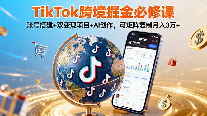TikTo跨境掘金必修课，账号搭建+双变现项目+AI创作，可矩阵复制月入3万+-蓝海云网创