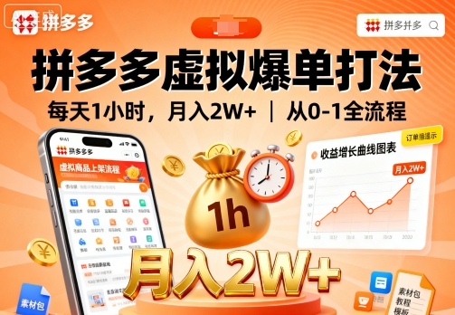 拼多多虚拟爆单打法，每天1小时，月入2W+，从0-1全流程-蓝海云网创