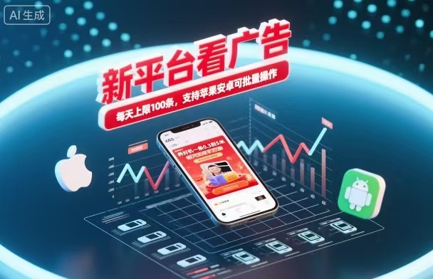 新台看广告，养好机一条5毛到5块，单机日入30到100，支持苹果安卓，可批量操作。-蓝海云网创