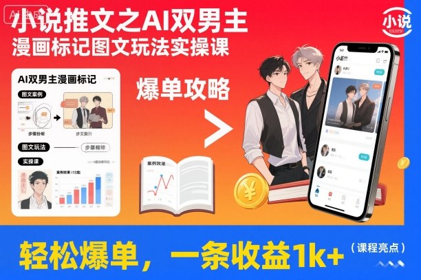 小说推文之AI双男主漫画标记图文玩法实操课，轻松爆单，一条收益1k+-蓝海云网创