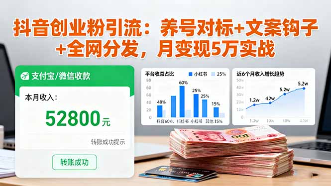 抖音创业粉引流:养号对标+文案钩子+全网分发,月变现5万实战-蓝海云网创