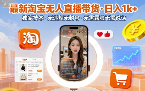 最新淘宝无人直播带货，日入1k+，独家技术，无违规无封号，无需露脸无需说话【揭秘】-蓝海云网创