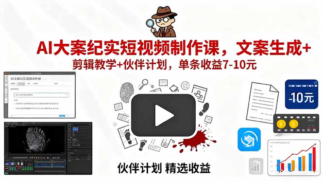 AI大案纪实短视频制作课，文案生成+剪辑教学+伙伴计划，单条收益7-10元-蓝海云网创