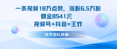 一条视频18W点赞，涨粉6.5W粉佣金8541米，视频号+抖音=王炸-蓝海云网创