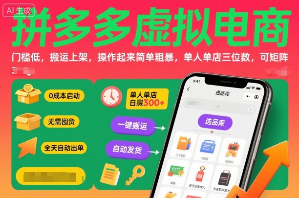 拼多多虚拟电商，门槛低，搬运上架，操作起来简单粗暴，单人单店三位数，可矩阵-蓝海云网创