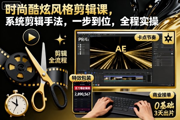 时尚酷炫风格剪辑课,系统剪辑手法,一步到位,全程实操-蓝海云网创