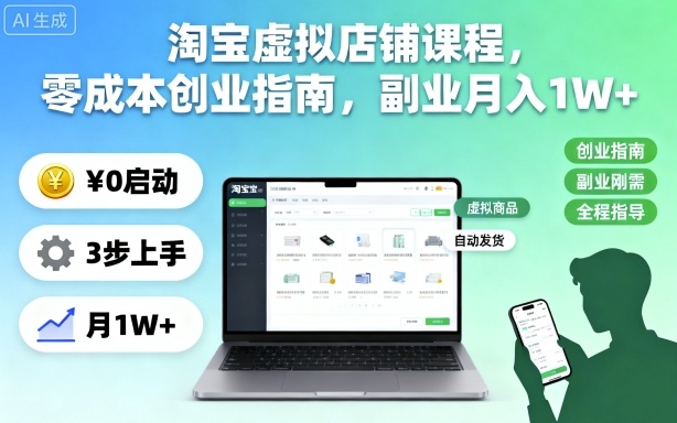 淘宝虚拟店铺课程，零成本创业指南，副业月入1W+-蓝海云网创