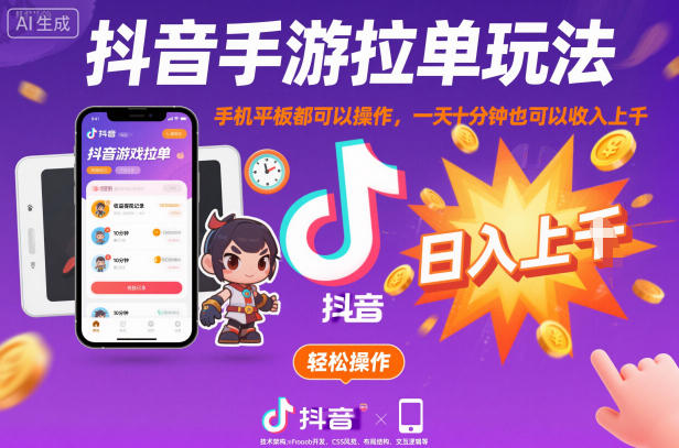 抖音手游拉单玩法，手机平板都可以操作，一天十分钟也可以收入上K【揭秘】-蓝海云网创