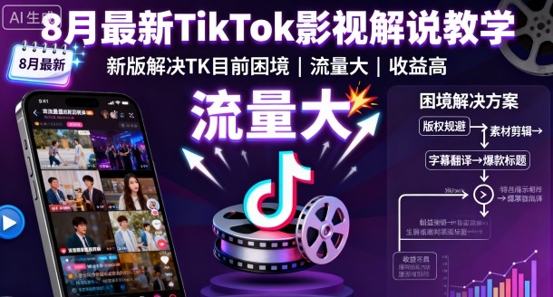 8月最新TikTok影视解说教学，新版解决TK目前困境，流量大，收益高-蓝海云网创