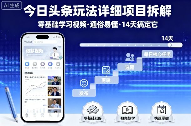 今日头条玩法详细项目拆解，零基础学习视频 通俗易懂 14天搞定它-蓝海云网创