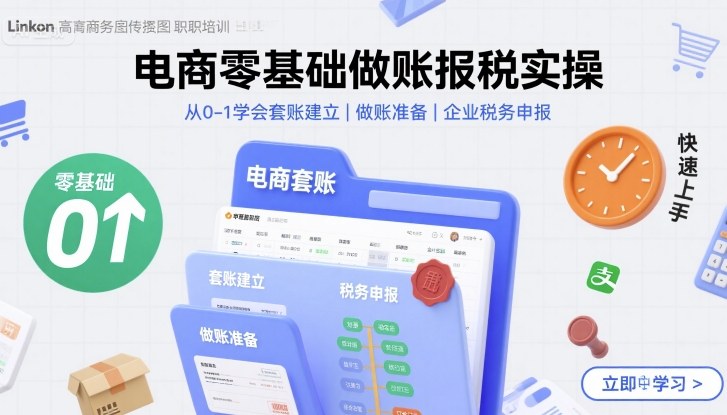 电商零基础做账报税实操快速上手，从0-1学会套账建立，做账准备，企业税务申报-蓝海云网创